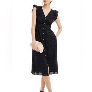 J.Crew Black Eyelet Broderie Midi Dress Button Front Ruffle Sleeve Sz 8